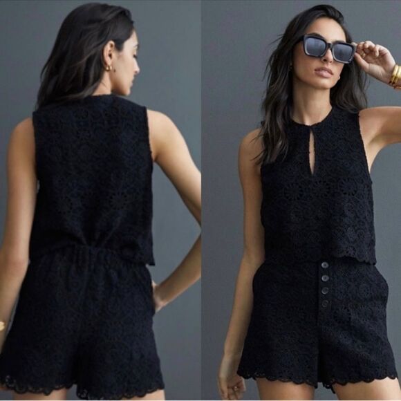 Anthro x Maeve 4 Black Crochet Faux Button Front Pull On Dressy Shorts w/Pockets - Picture 2 of 16